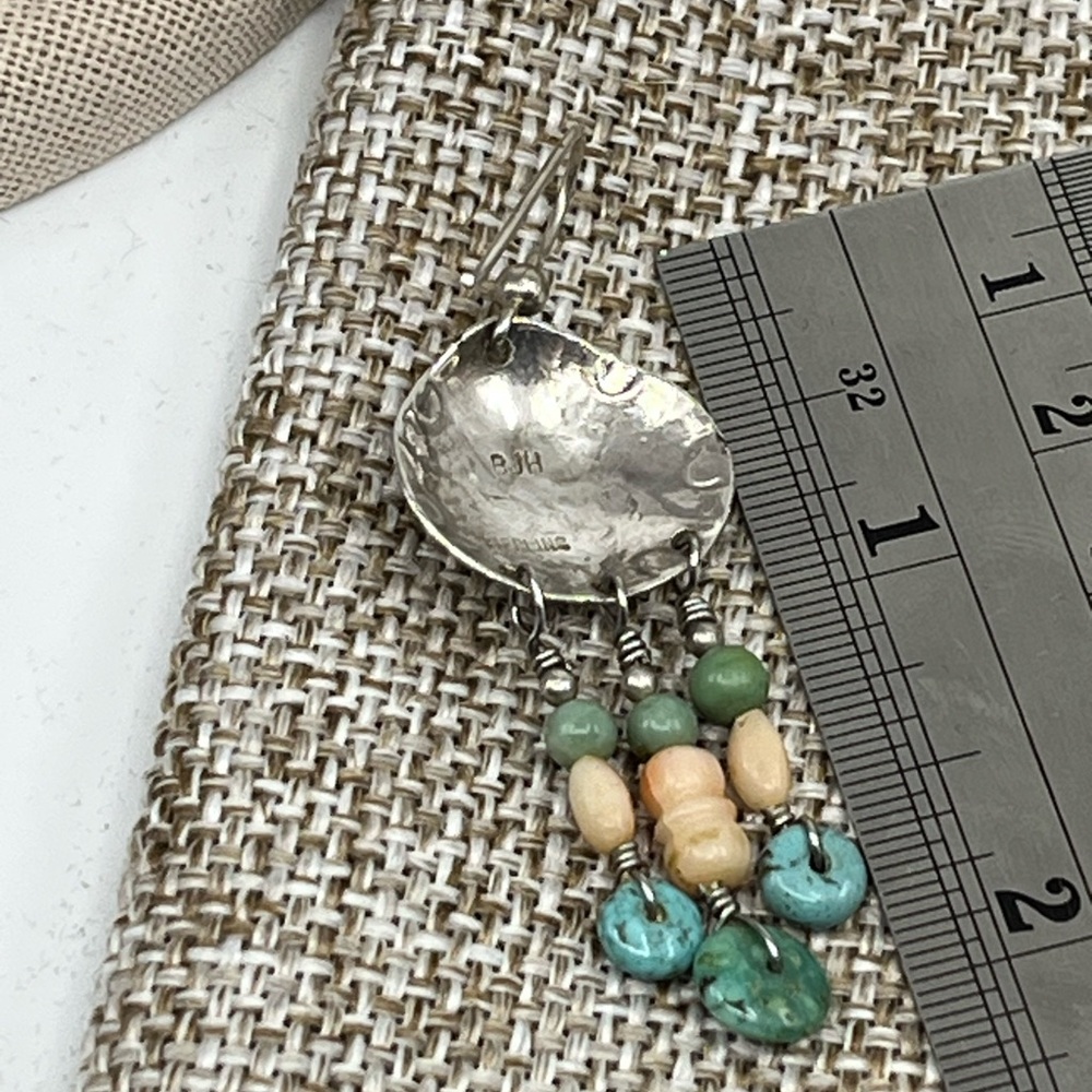 90's Handmade Sterling Silver Shell & Floral Dangle Earrings with Turquoise - Picture 14 of 15